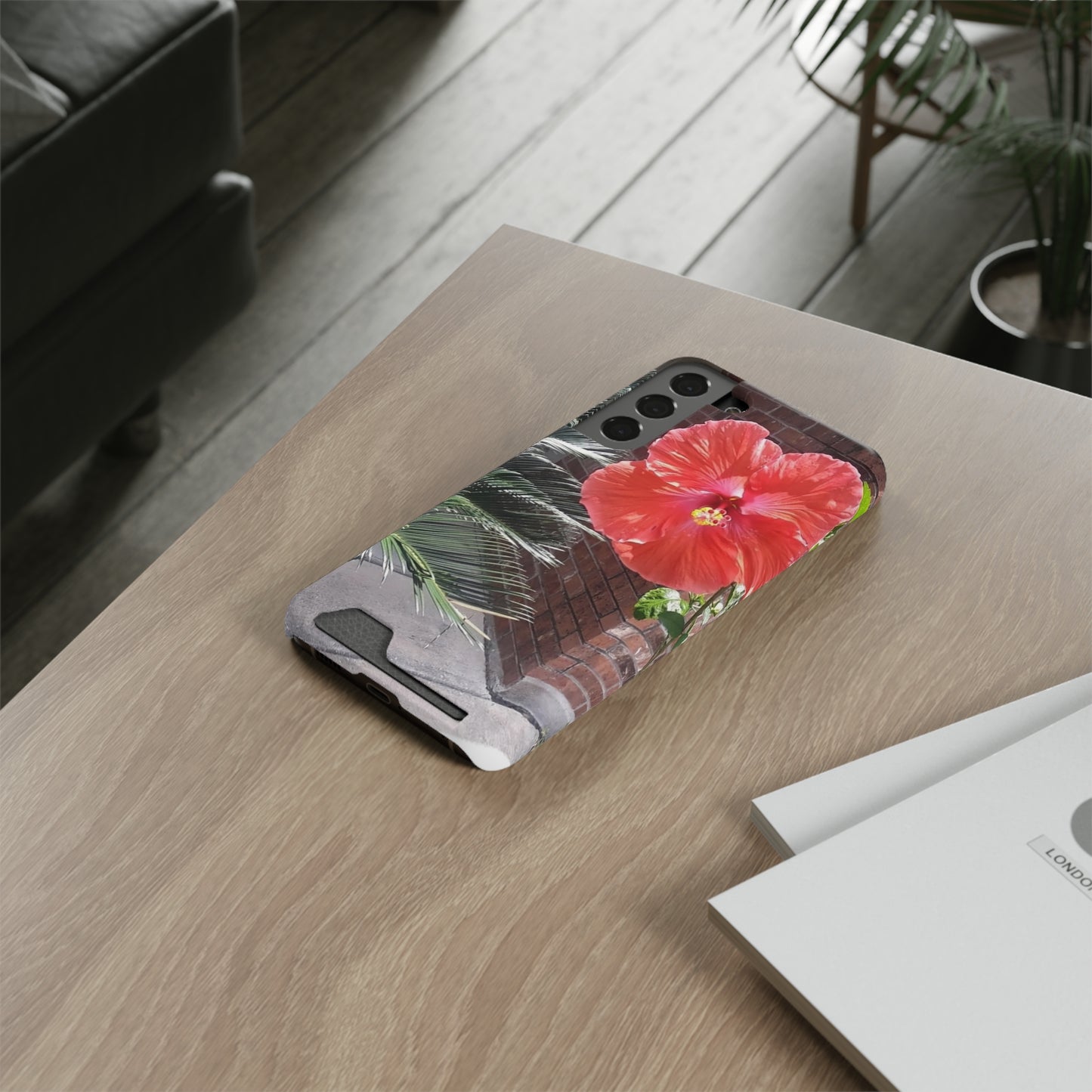 Phone Case With Card Holder with Peach Hibiscus Flower Design
