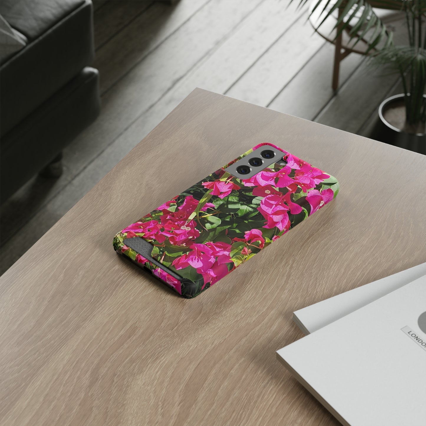 Phone Case With Card Holder with Hot Pink Bougainvillea Design