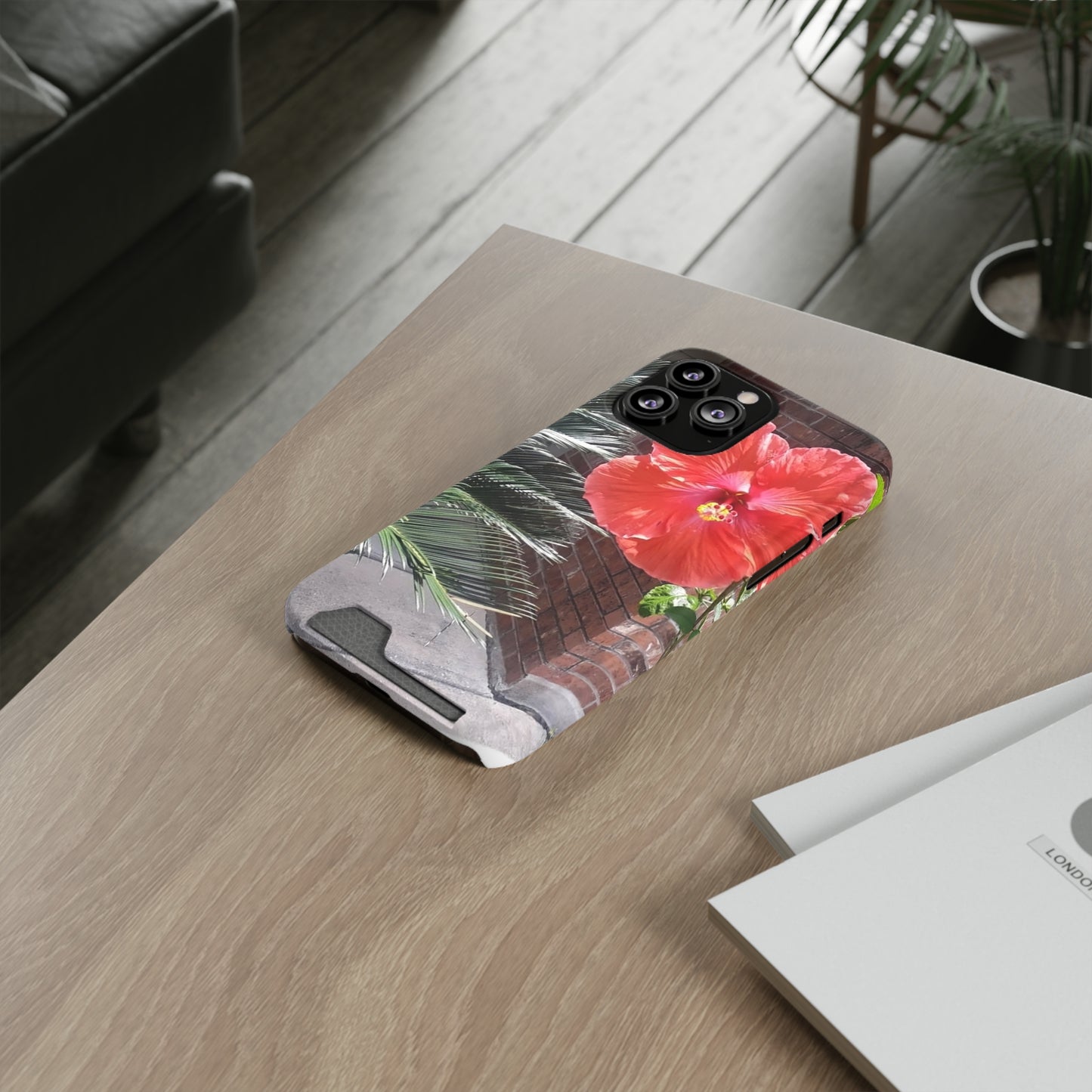 Phone Case With Card Holder with Peach Hibiscus Flower Design