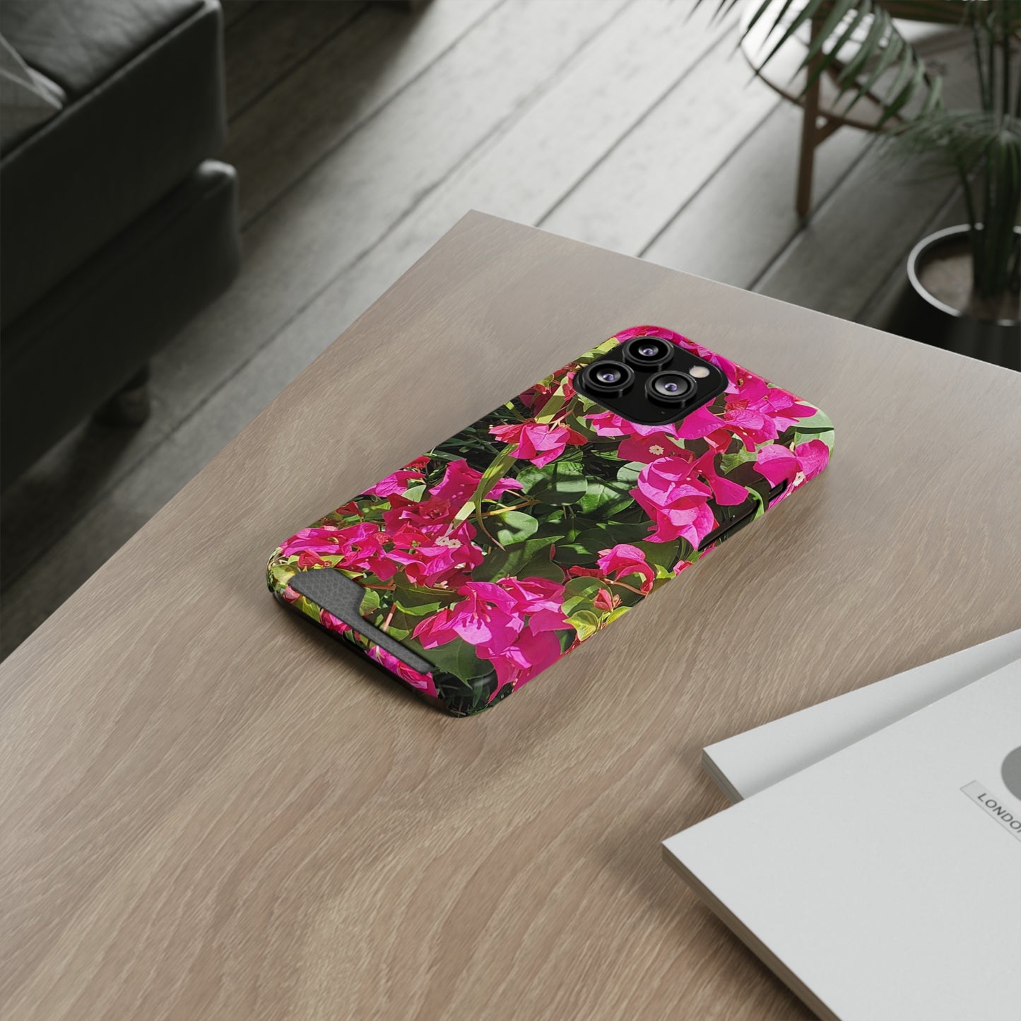 Phone Case With Card Holder with Hot Pink Bougainvillea Design