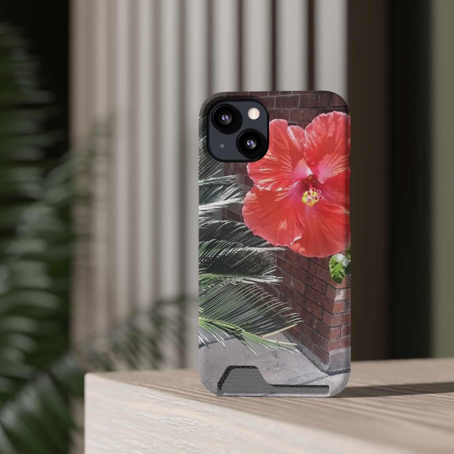 Phone Case With Card Holder with Peach Hibiscus Flower Design