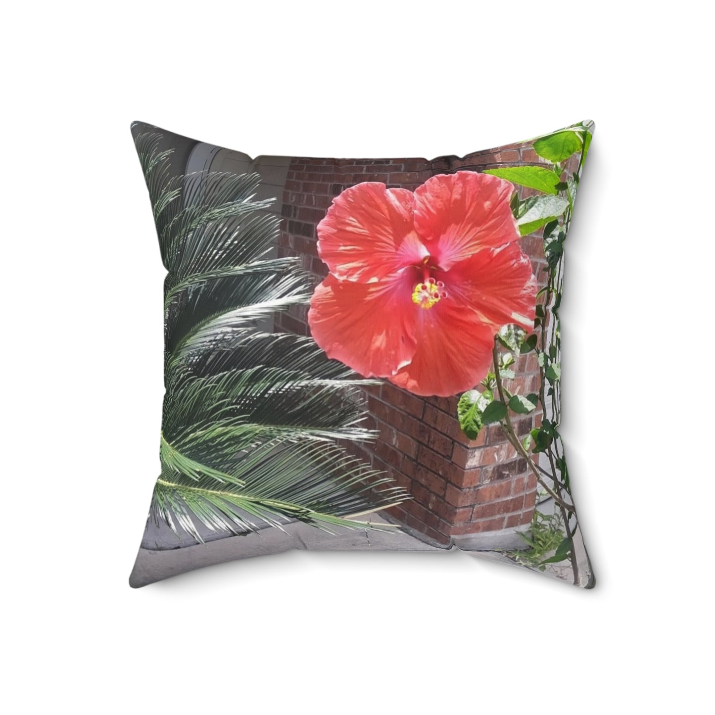 Spun Polyester Square Couch Pillow with Tropical Peach Flower Design
