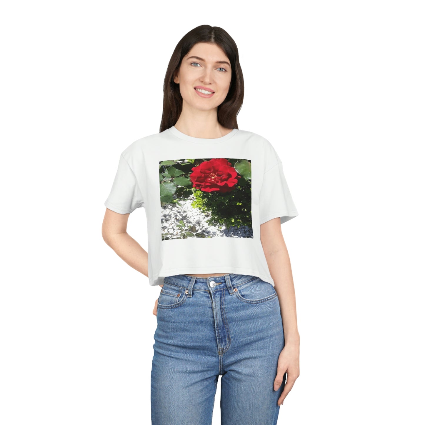 Women's Crop Tee with Europeana Red Rose Signature Print