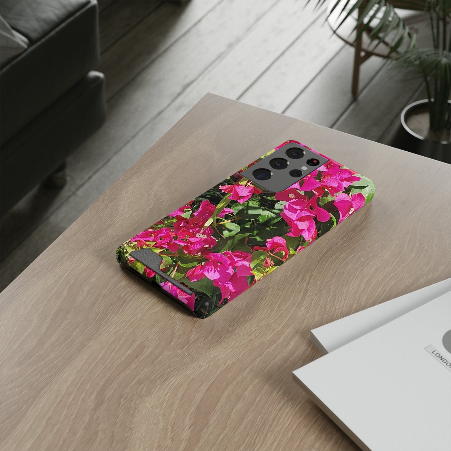 Phone Case With Card Holder with Hot Pink Bougainvillea Design