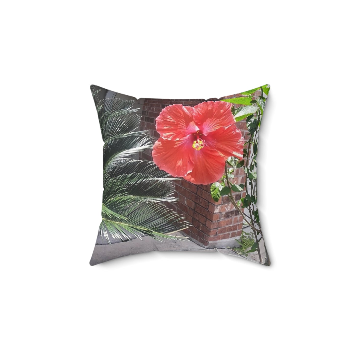 Spun Polyester Square Couch Pillow with Tropical Peach Flower Design