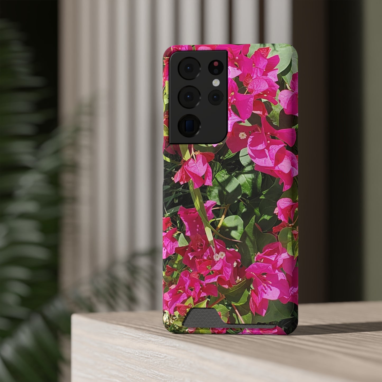 Phone Case With Card Holder with Hot Pink Bougainvillea Design