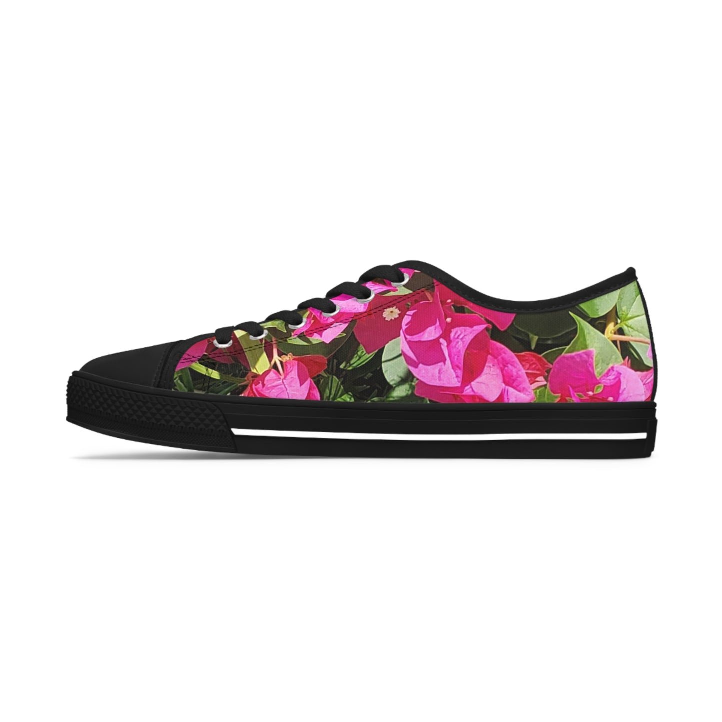 Women's Black Low Top Sneakers with Hot Pink Bougainvillea Design