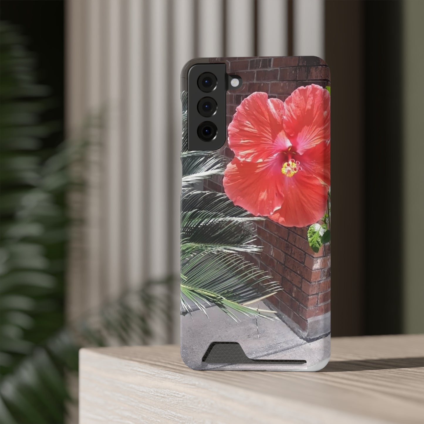 Phone Case With Card Holder with Peach Hibiscus Flower Design