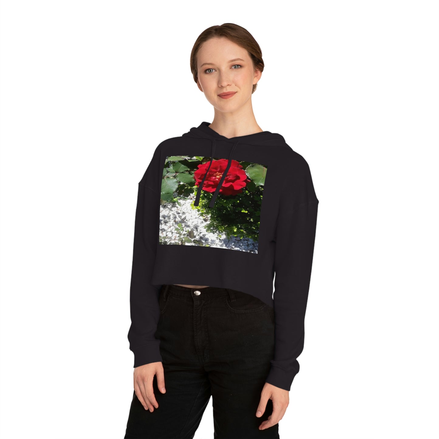 Women’s Cropped Hooded Sweatshirt with Europeana Red Rose Signature Print