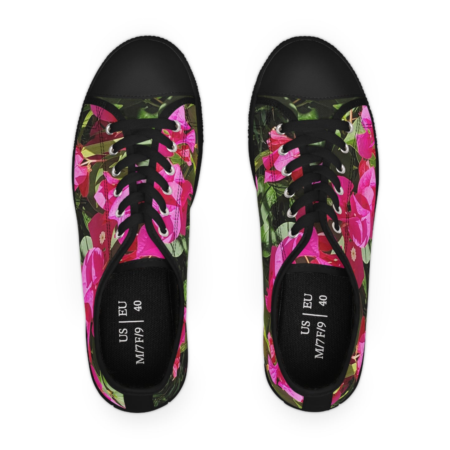 Women's Black Low Top Sneakers with Hot Pink Bougainvillea Design