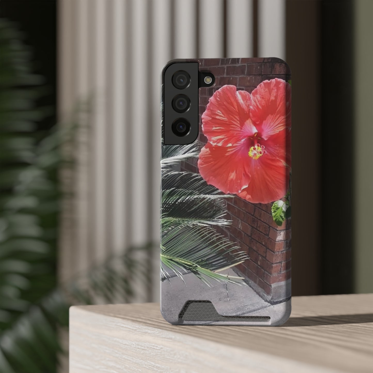 Phone Case With Card Holder with Peach Hibiscus Flower Design