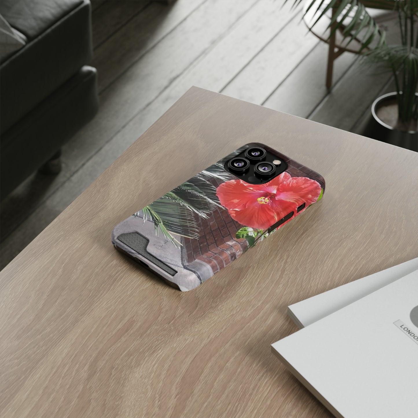 Phone Case With Card Holder with Peach Hibiscus Flower Design