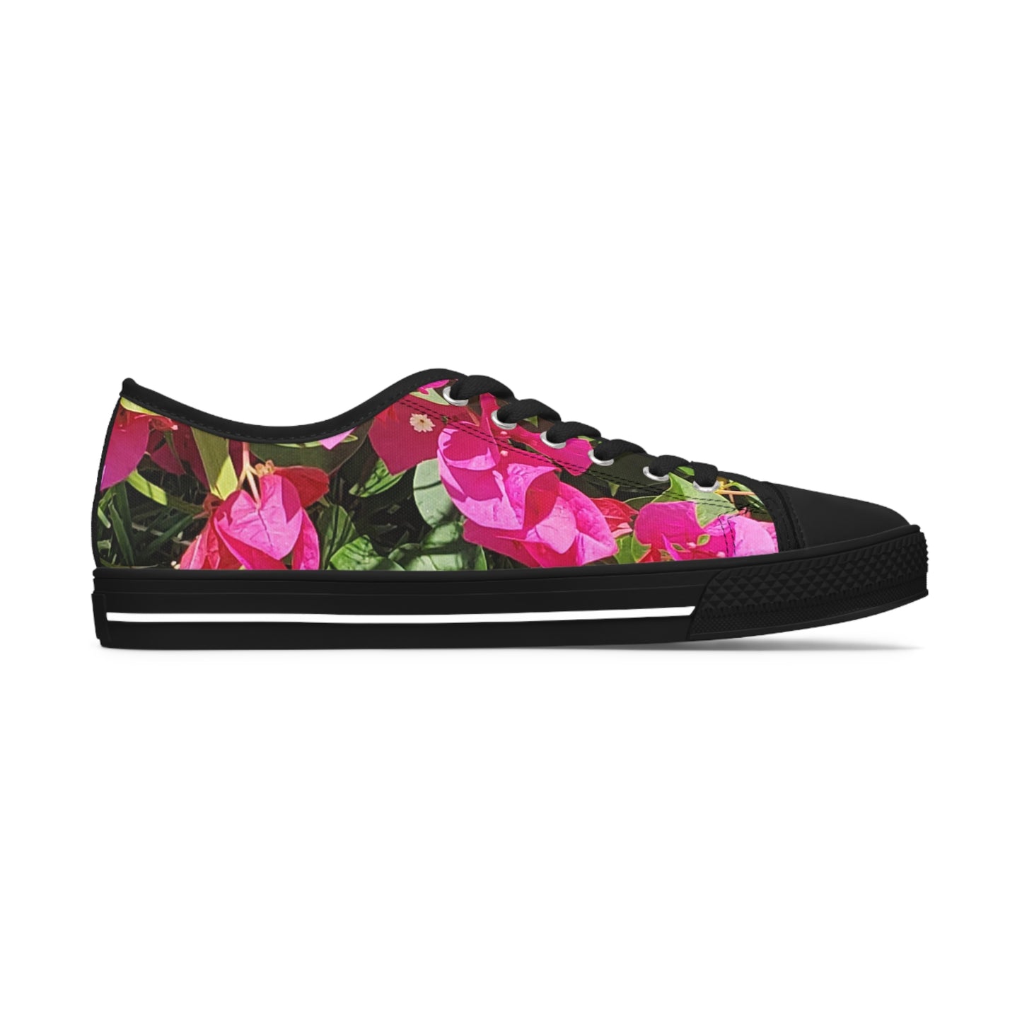 Women's Black Low Top Sneakers with Hot Pink Bougainvillea Design