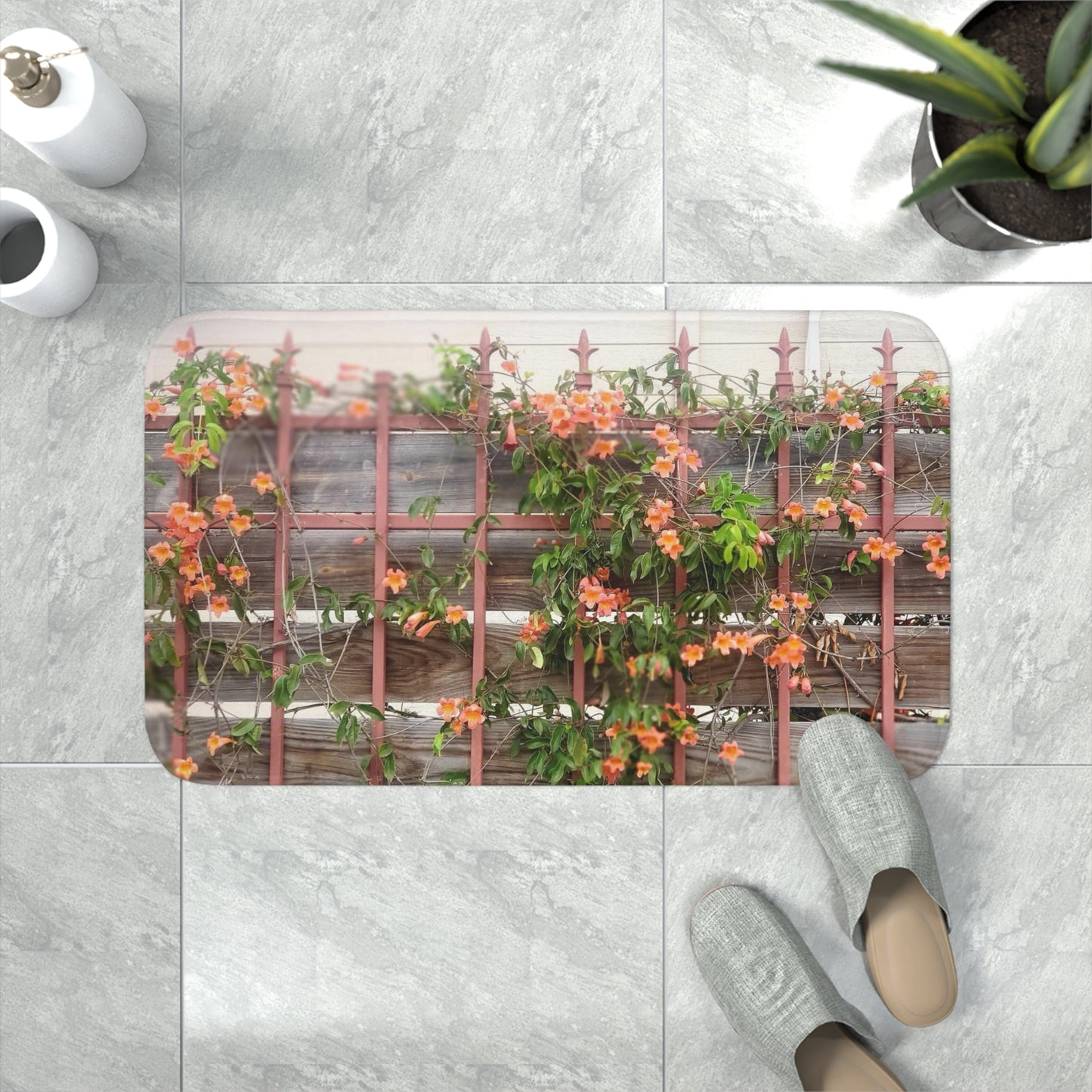 Memory Foam Bath Mat | Flowers On A Rugged Fence | High Bloom Collection | Life By Ortavia