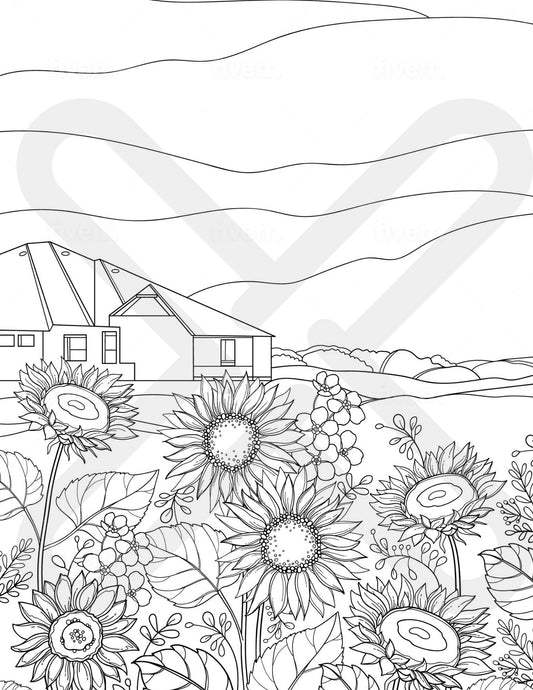 Printable Sunflowers in the Suburbs Coloring Page