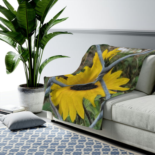 Cozy Velveteen Plush Throw Blanket with Sunflower Behind A Fence Design 30x40 50x60 60x80