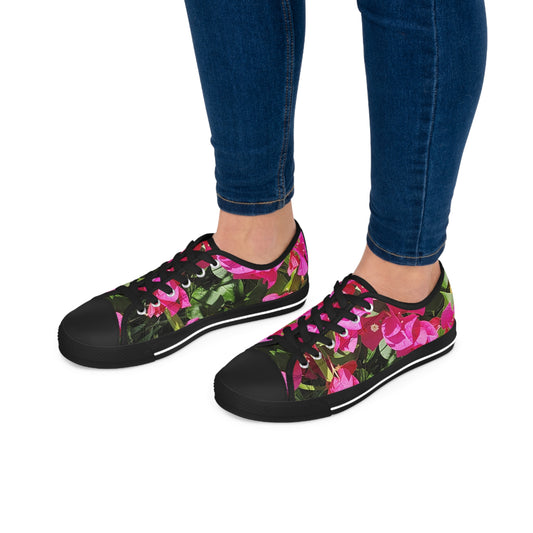 Women's Black Low Top Sneakers with Hot Pink Bougainvillea Design