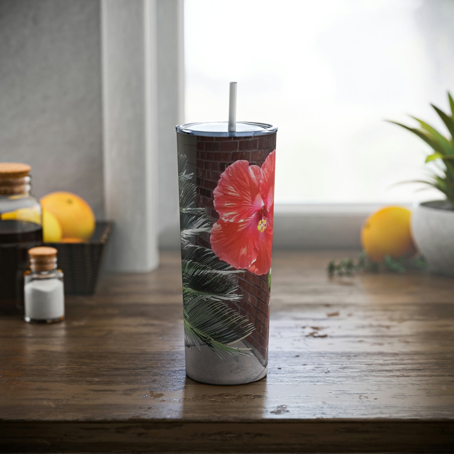 Peach Hibiscus Flower | Skinny Steel Tumbler with Straw 20oz | High Bloom Collection | Life By Ortavia