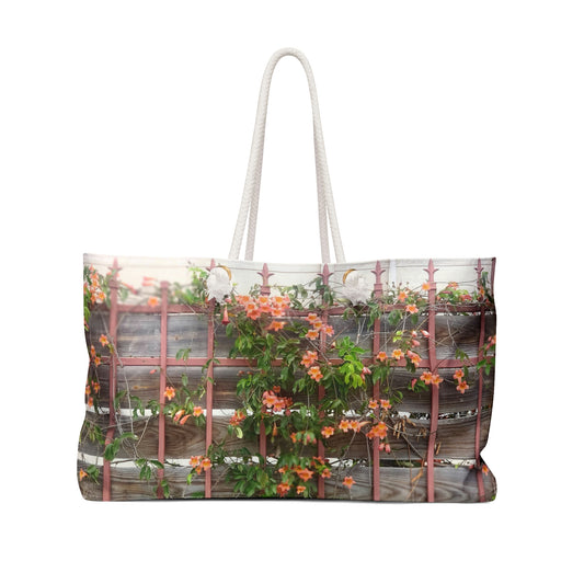 Flowers On A Rugged Fence | High Bloom Collection | Weekender Bag 24" x13" | Life By Ortavia