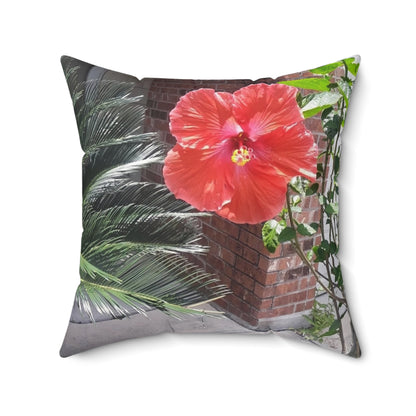 Spun Polyester Square Couch Pillow with Tropical Peach Flower Design