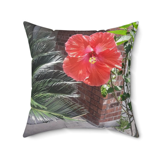 Spun Polyester Square Couch Pillow with Tropical Peach Flower Design