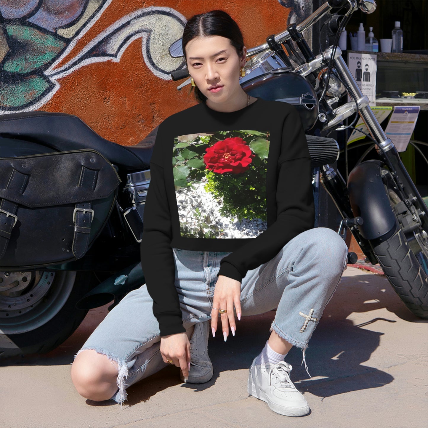 Women's Cropped Sweatshirt with Europeana Red Rose Design