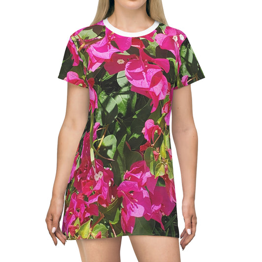 Hot Pink Bougainvillea All Over Print T-Shirt Skirt Dress for Women