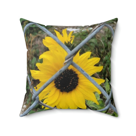 Spun Polyester Square Pillow with Sunflower Behind A Fence Design