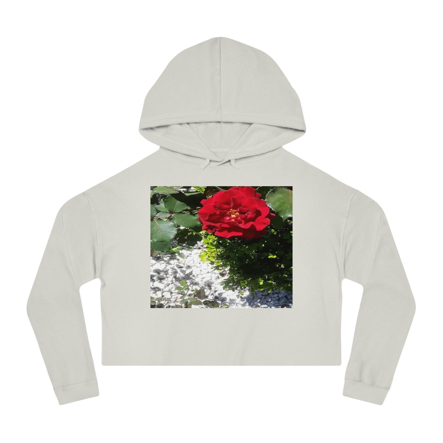 Women’s Cropped Hooded Sweatshirt with Europeana Red Rose Signature Print
