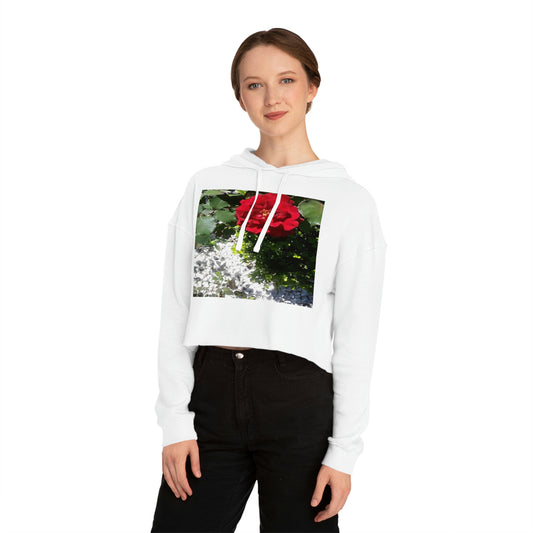 Women’s Cropped Hooded Sweatshirt with Europeana Red Rose Signature Print