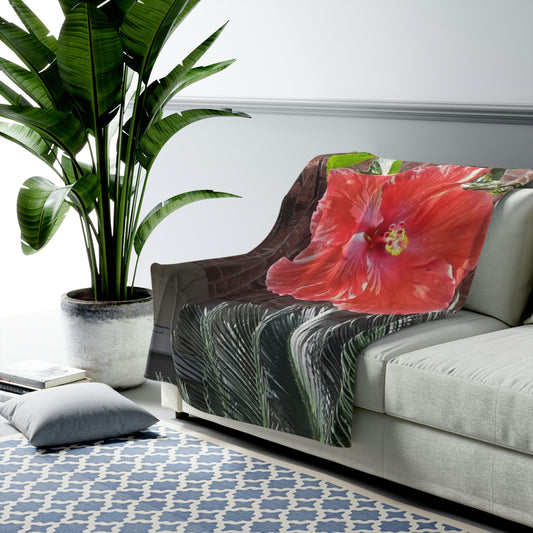 Velveteen Plush Blanket with Peach Hibiscus Flower Design